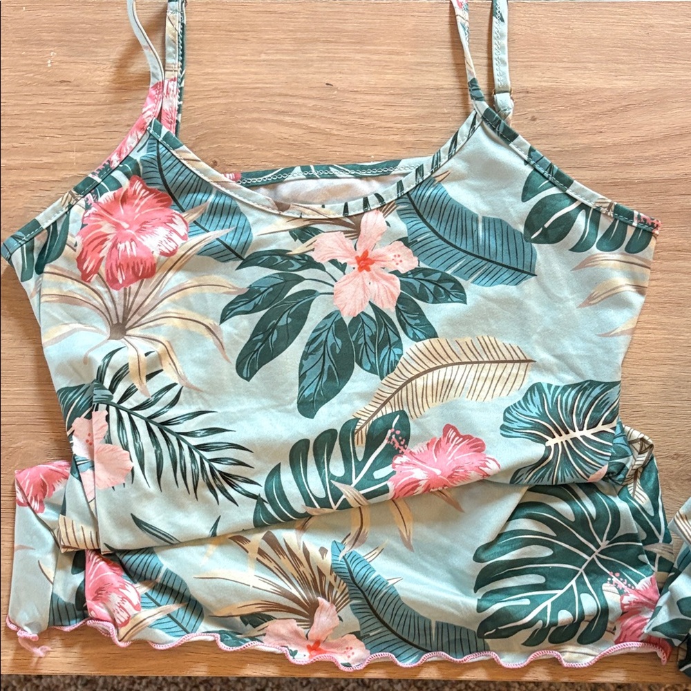Floral Tropical Print Pajama Set-Green/Pink